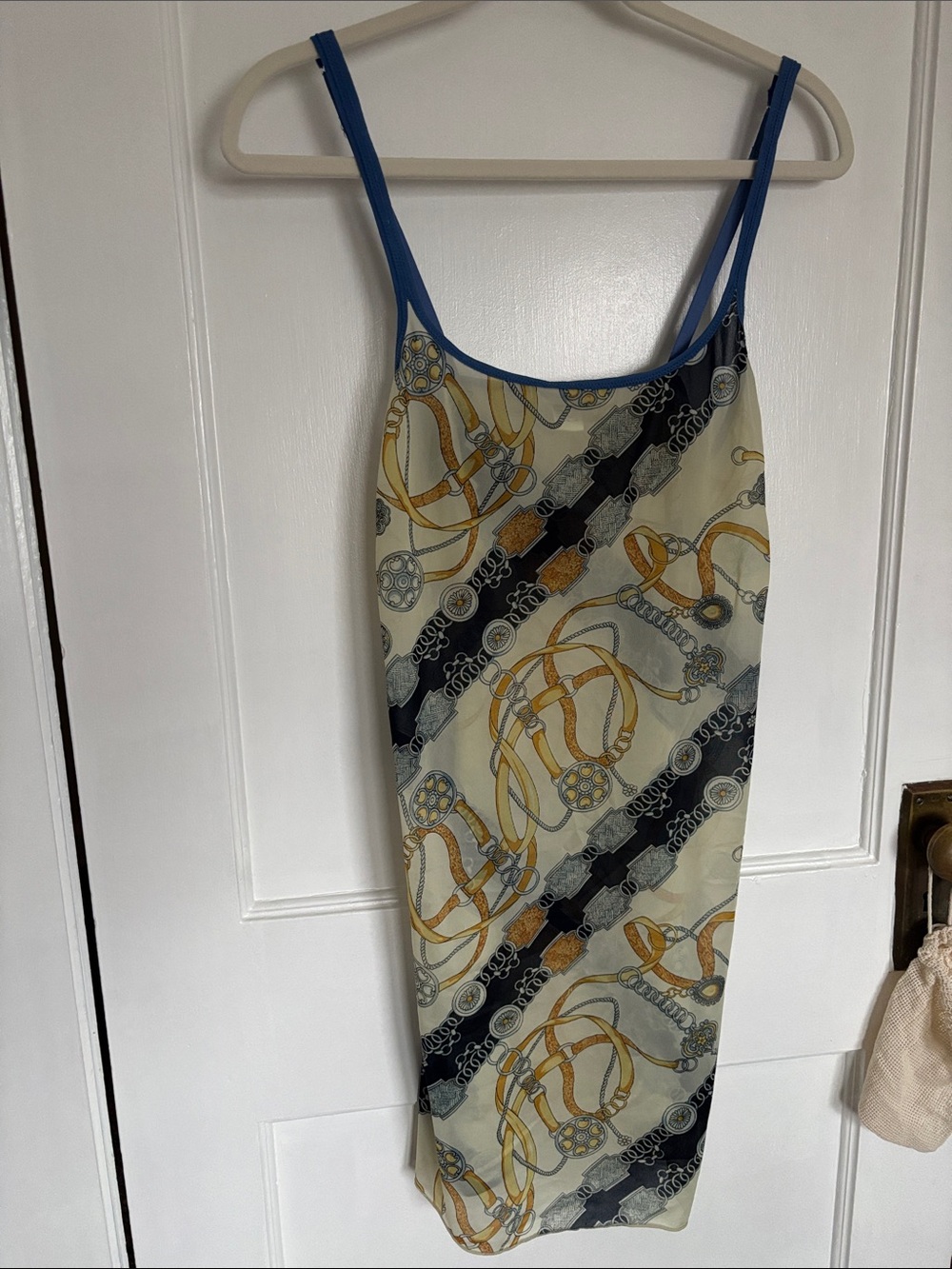 Dkny Cream Slip Midi Dress with Blue Trim and Gold Chain Motif
